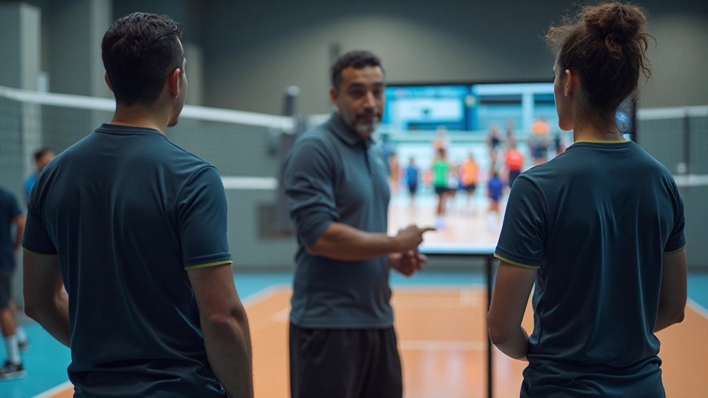 Volleyball coaching staff reviewing game footage and tactical analysis during team meeting