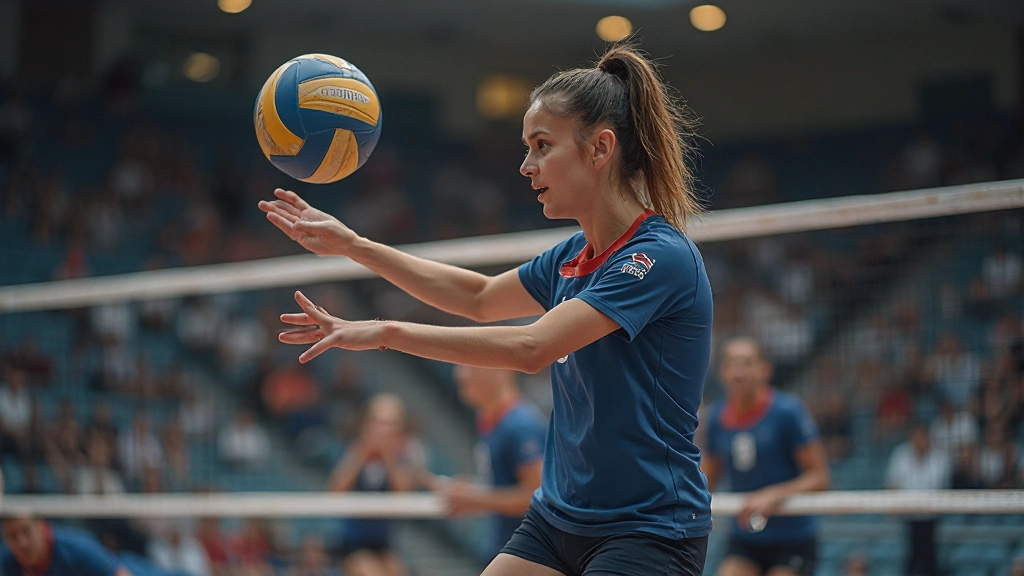 Volleyball setter demonstrating proper court positioning and hand placement technique