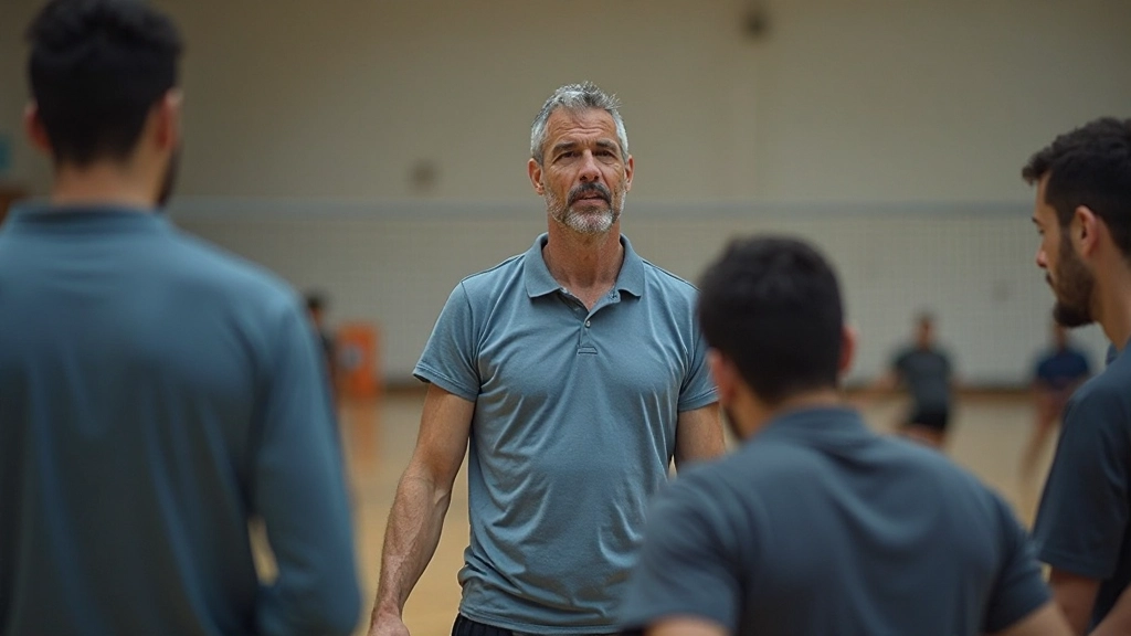 Professional volleyball coach demonstrating attack formation strategy with team players on indoor court