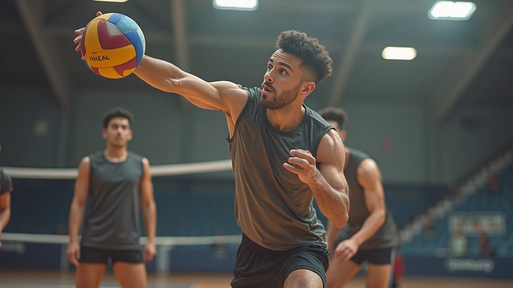 Volleyball player demonstrating proper serving stance and arm position during practice