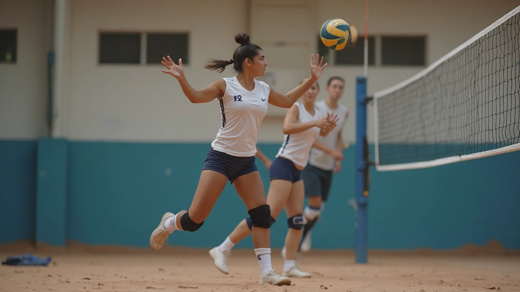 Volleyball player in setting position demonstrating proper foot placement and body positioning for optimal ball control