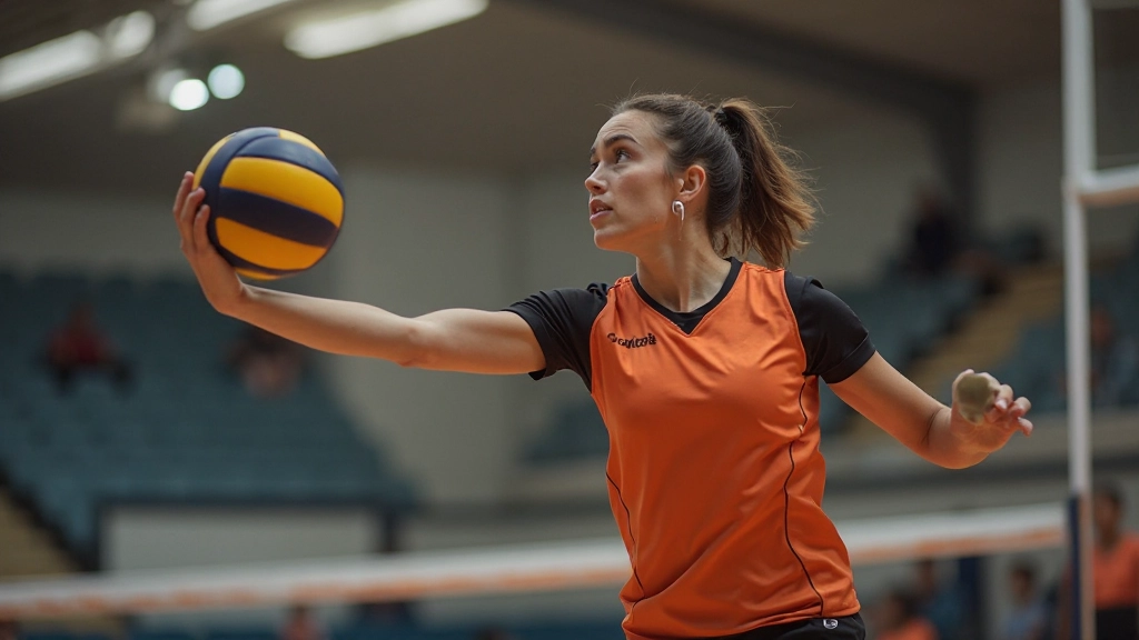 Professional volleyball player demonstrating proper serving technique with correct arm position and ball contact point