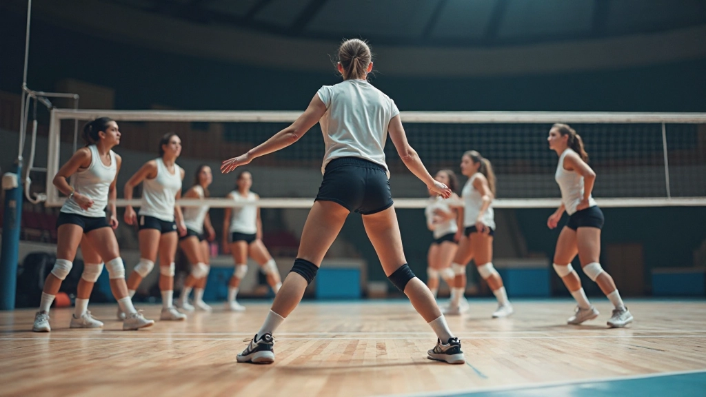Volleyball defensive formation setup with players positioned across court for optimal coverage